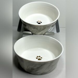 2 Fido's Diner Dog Cat Bowls Gold Gray White Marble with Gold Paw Print Inside